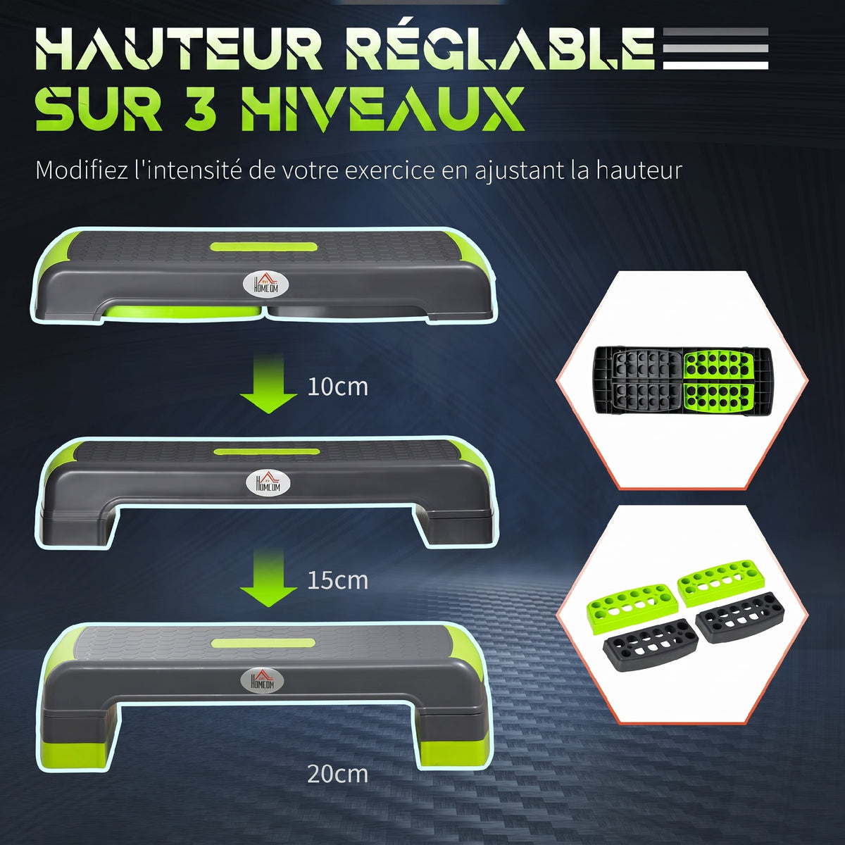 Stepper aérobic fitness hauteur réglable 3 niveaux surface antidérapante 78 x 28 x 20 cm vert et gris-4