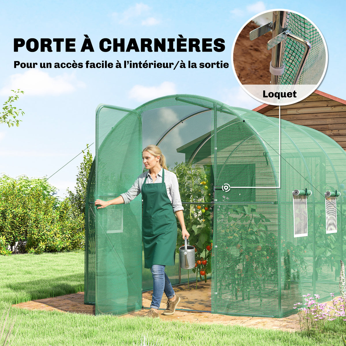 Serre tunnel de jardin 6m², serre de jardin tunnel 200x300x200cm porte et 6 fenêtres, bâche PE 140 g/m² vert-4