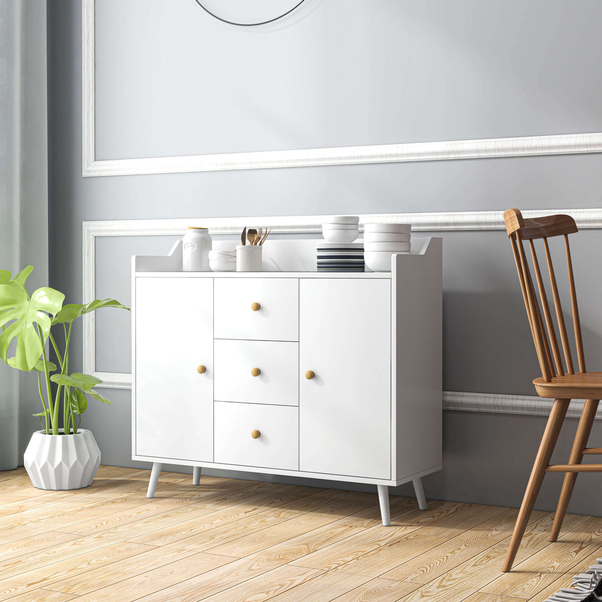 Buffet, meuble de rangement avec 2 portes, 3 tiroirs et pieds en bois massif, style moderne, 90 x 32 x 80 cm, blanc-9