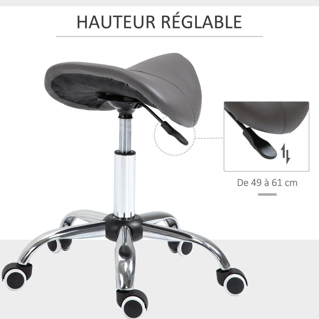 Tabouret à roulettes, tabouret de massage avec hauteur réglable 49-61 cm et selle ergonomique, chaise de travail à roulettes pivotant 360°, pour salon de massage tatouage clinique spa, gris-3