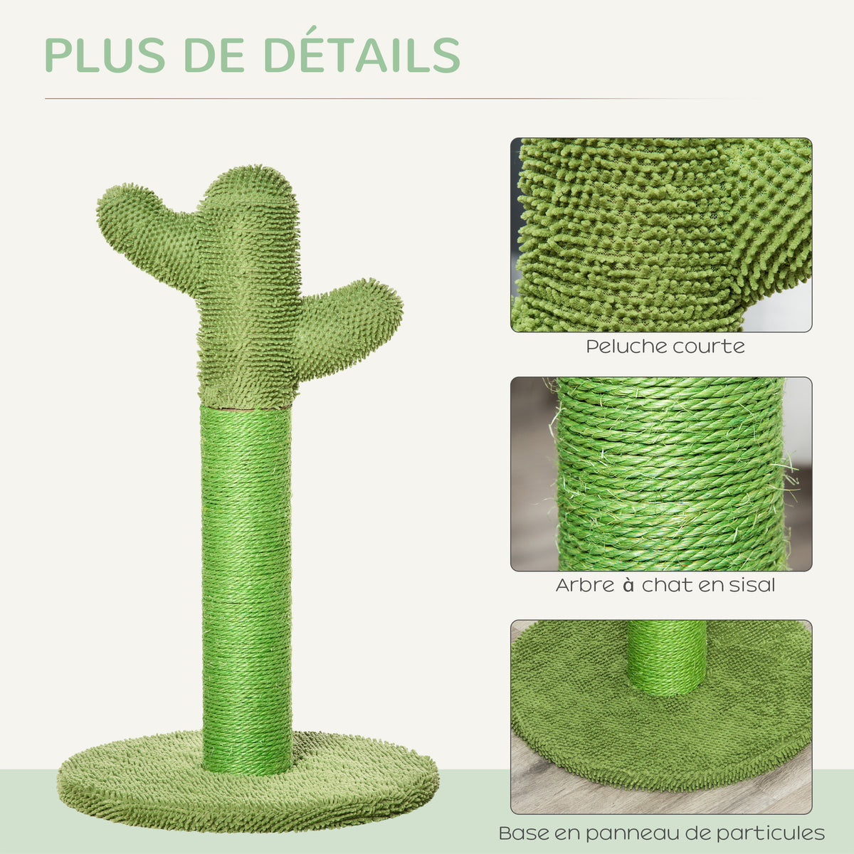 Griffoir pour chat d'intérieur en forme de cactus, arbre à chat en sisal résistant avec base, 40 x 40 x 65 cm, vert-4