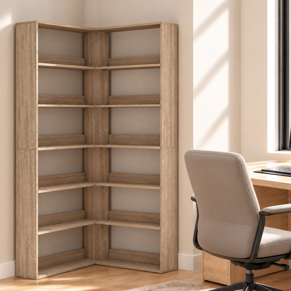 Bibliothèque d'Angle 7 Niveaux, Étagère de Rangement en Forme L avec Rebords Arrière Anti-Chute, Effet Bois Naturel-1