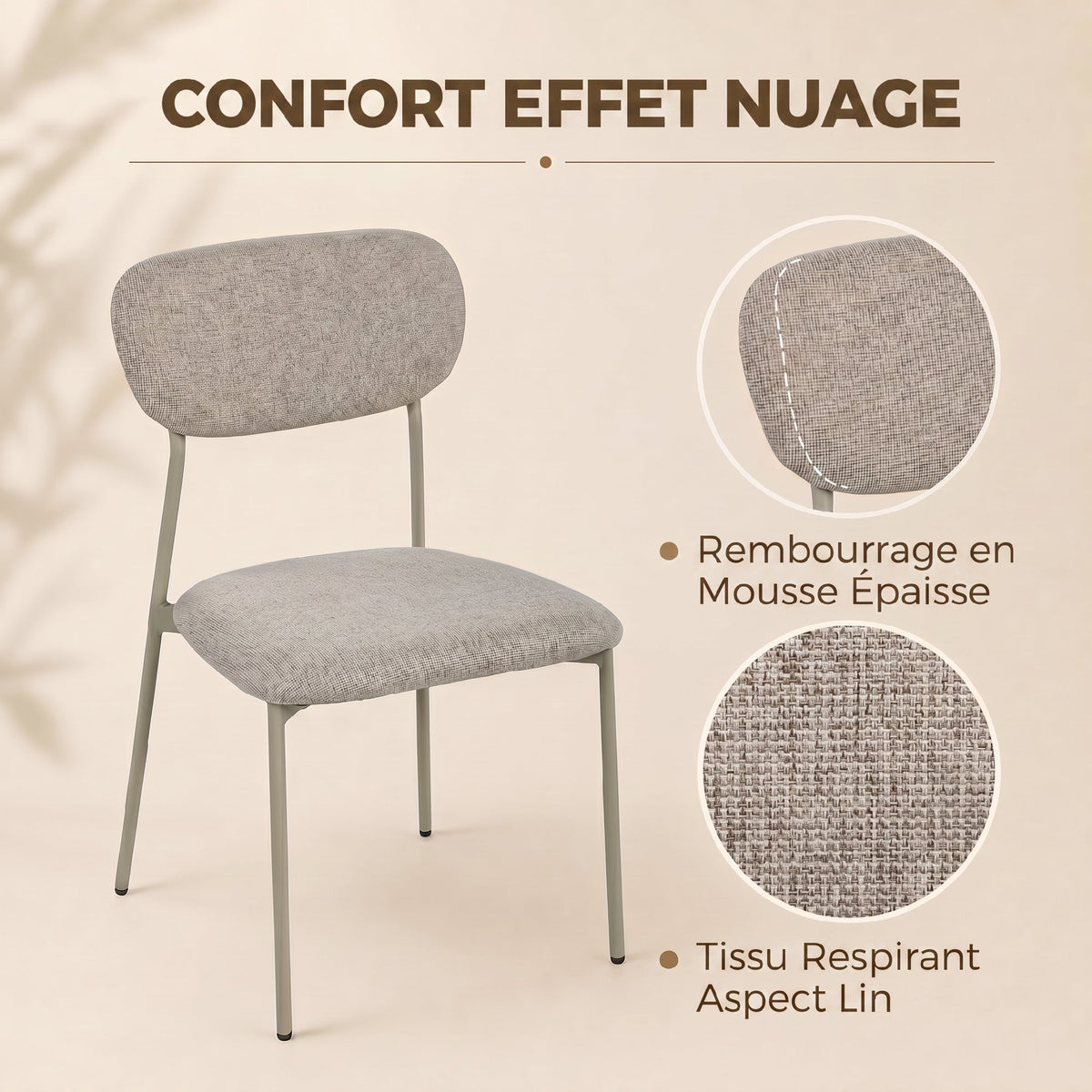 Lot de 2 chaises de salle à manger modernes, chaises de cuisine empilables en tissu effet lin, marron clair-3