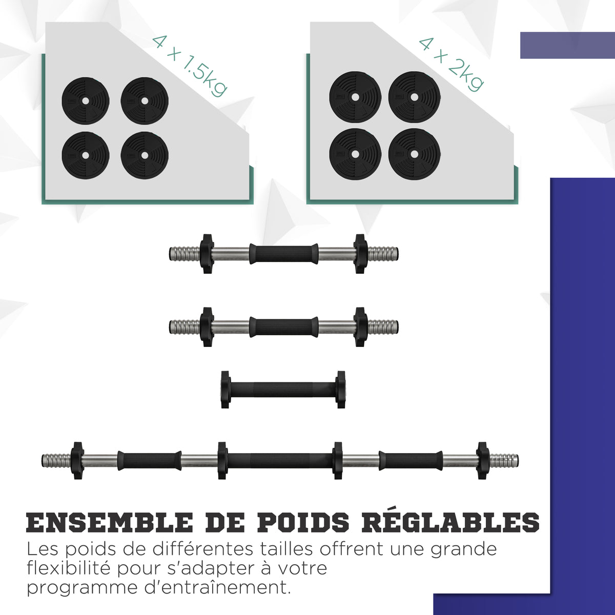 Haltères 2 en 1 réglables, haltères libres avec poignées antidérapantes, 15KG - Barres incluses-4