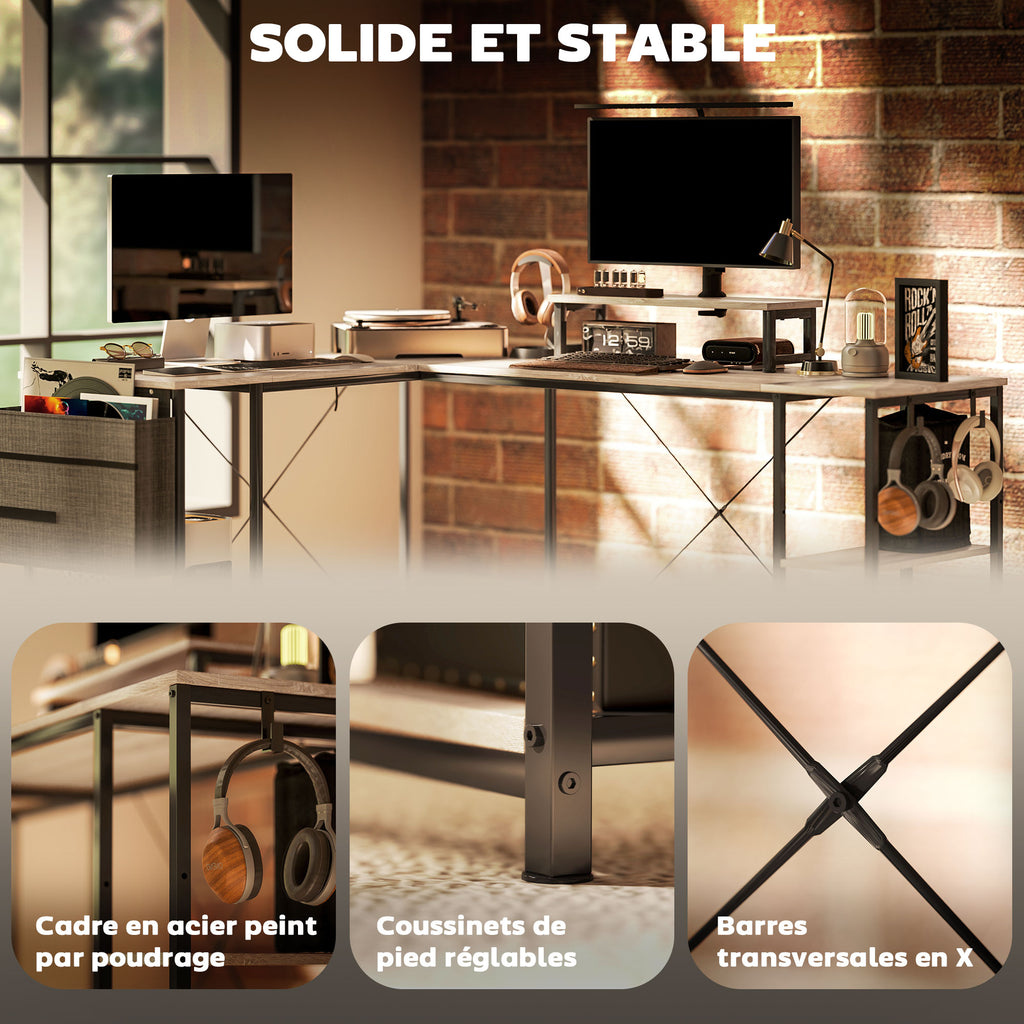 Bureau d'angle modulable réversible 168-240 cm style industriel - étagère réglable, sac de rangement, support d'écran-6