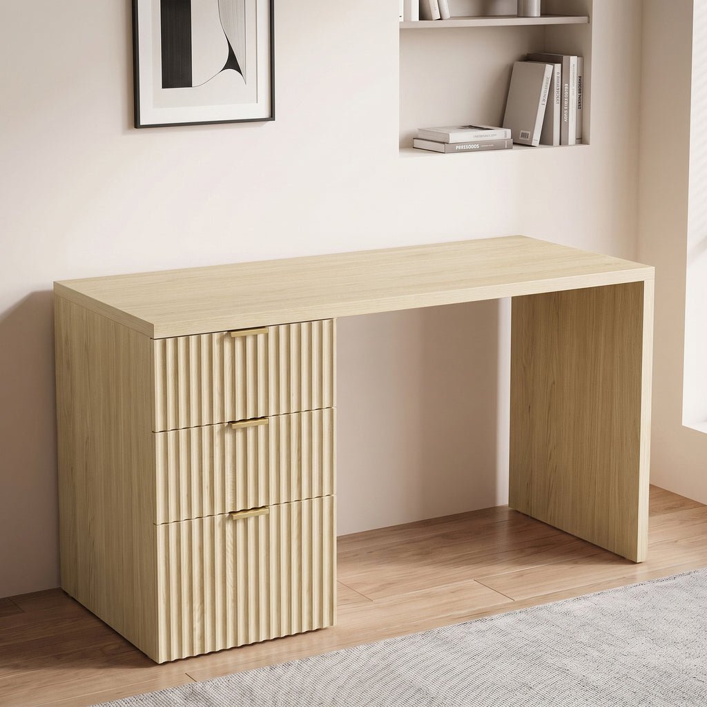 Bureau d'Ordinateur, Rangement Réversible, 3 Tiroirs Façades Ondulées, Plateau Épais et Spacieux, 120x50x76cm, Chêne-1