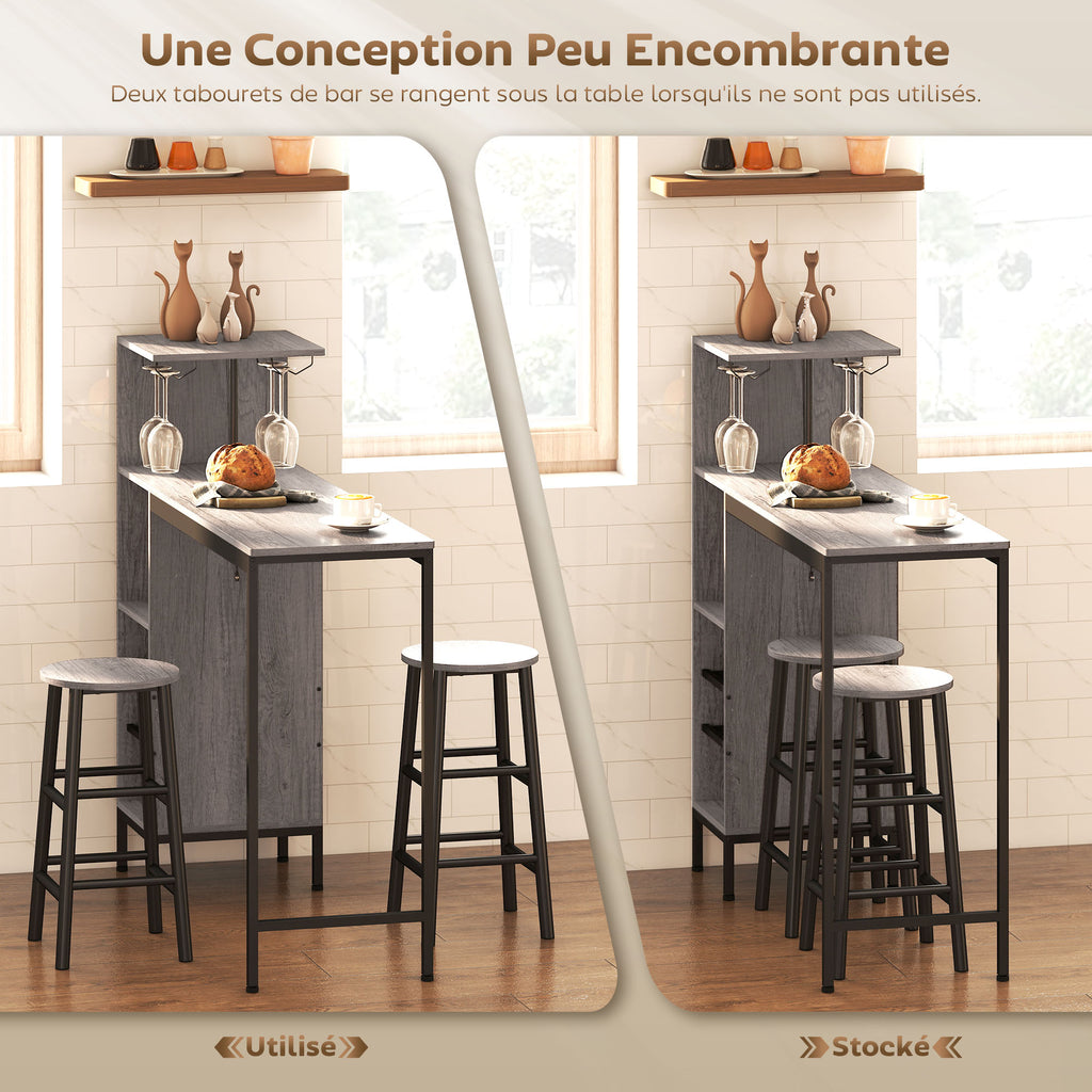Ensemble table de bar avec tabourets, table à manger debout avec 2 chaises de bar étagères, casiers à vin, bois naturel-5