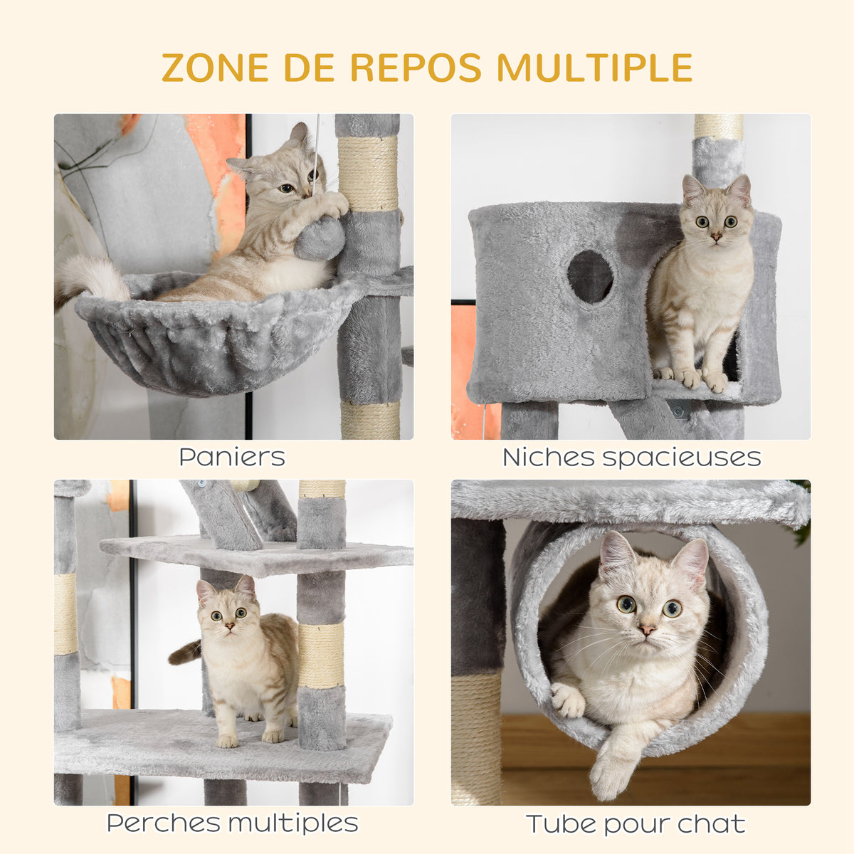 Arbre à chat du sol au plafond, tour à chat réglable en hauteur de 240-260 cm à plusieurs niveaux, gris clair-4