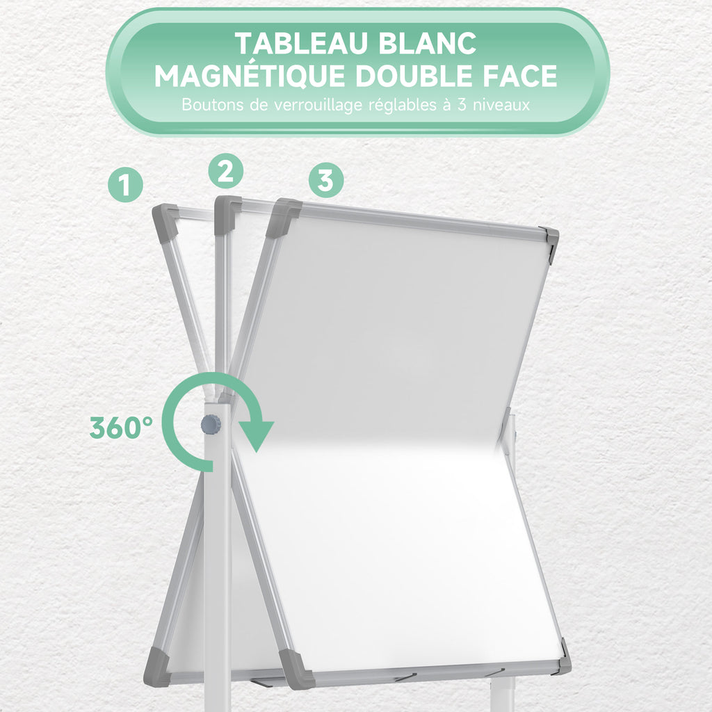 Tableau blanc magnétique double face effacable rotatif mobile avec support, aimants, marqueurs, gomme et roulettes-3