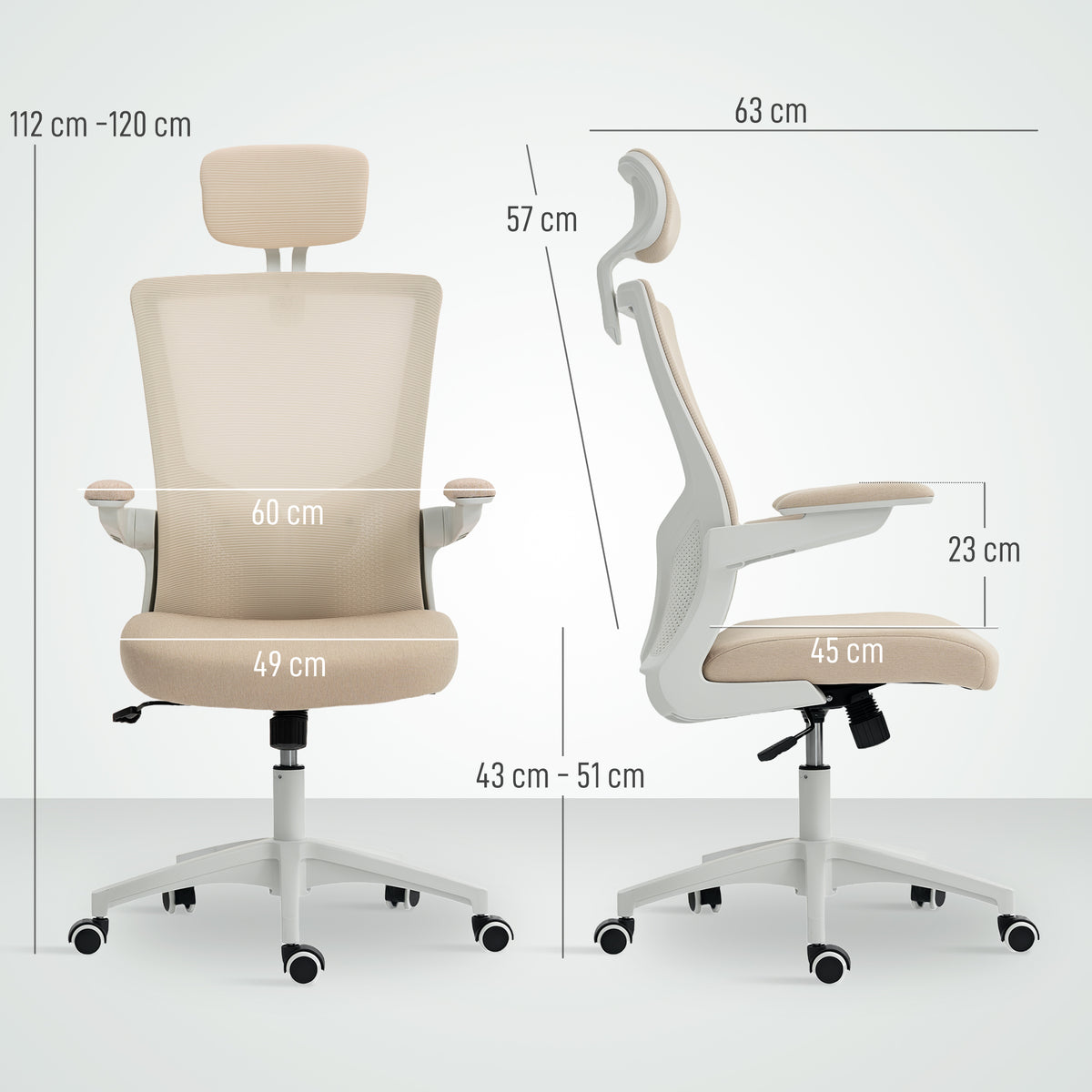 Chaise bureau ergonomique, fauteuil de bureau, accoudoirs relevables, soutien lombaire, appui-tête, 60x63x120cm, beige-2