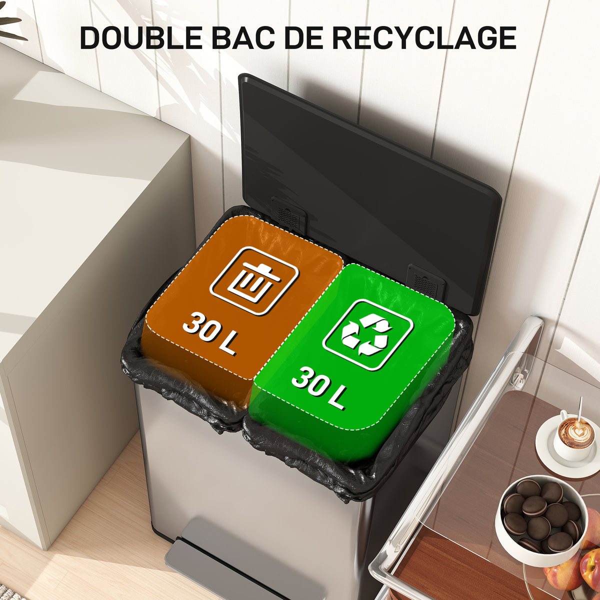Poubelle à double compartiment 2 x 30L, poubelle cuisine à pédale, couvercle à fermeture douce, 47,5x37,5x67cm, argent-3
