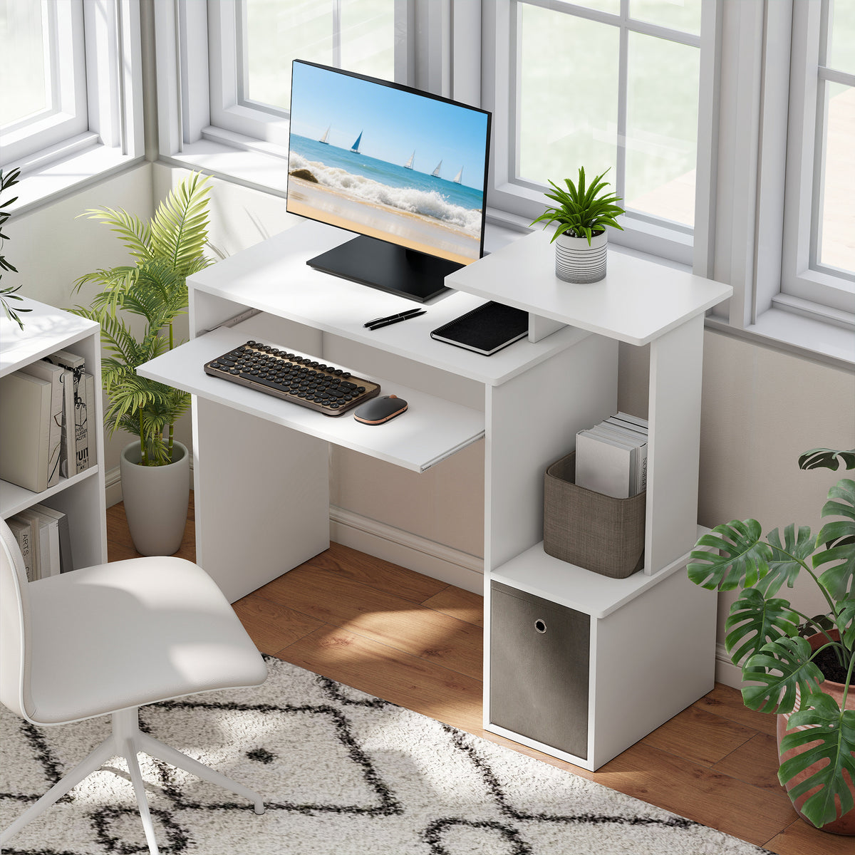 Bureau Informatique multimédia étagères Tablette Clavier Panier Gris Panneaux Particules Blanc-1