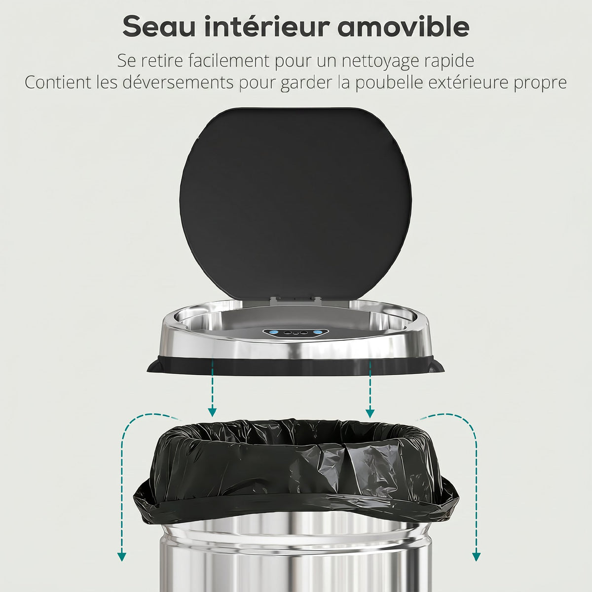 Poubelle à capteur de mouvement ouverture automatique 1 bac de 42 L en acier inoxydable noir et argent-4