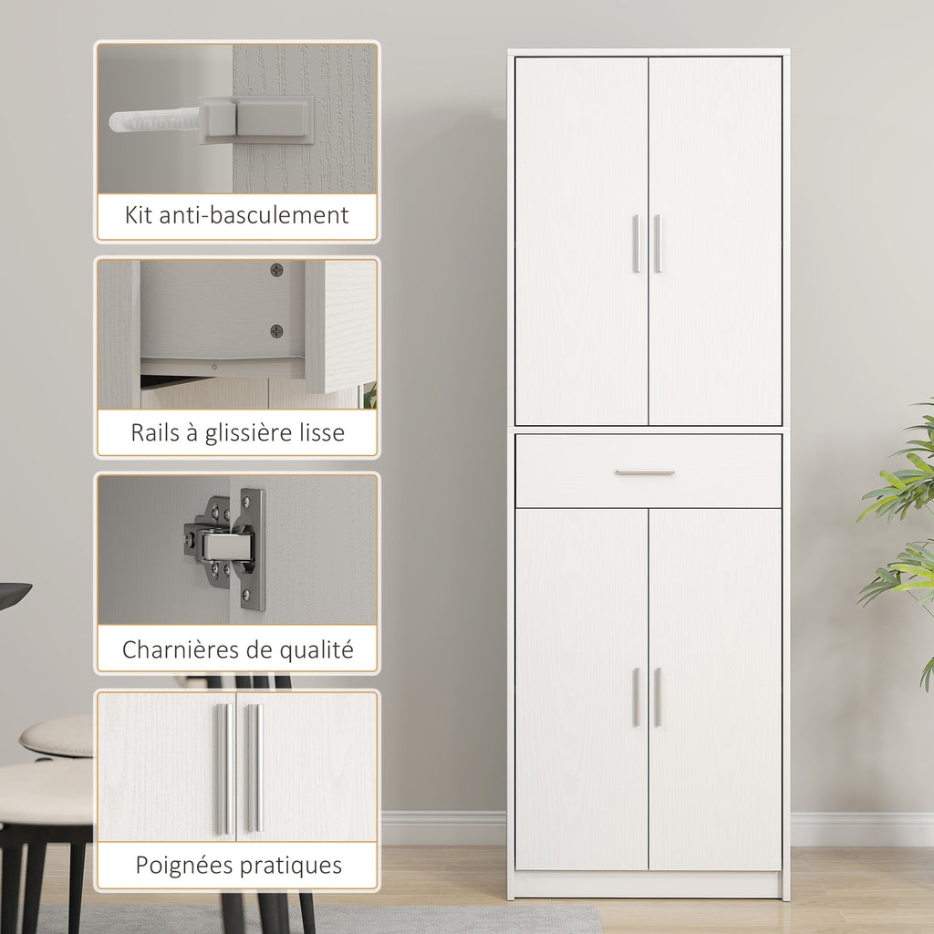 Armoire de cuisine moderne avec placards à portes, étagères réglables et tiroir, 60 x 35 x 180 cm, blanc-5
