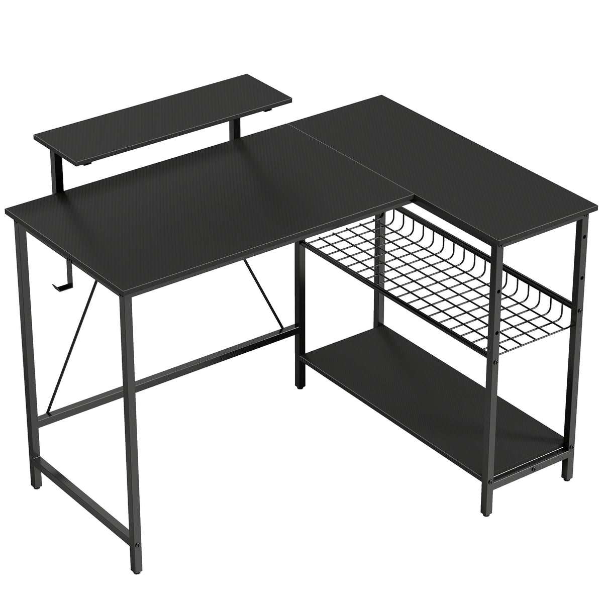 Bureau gaming réversible, bureau gaming d'angle, support pour écran, étagère en maille réglable, 114,5x82x91,5cm, noir-0