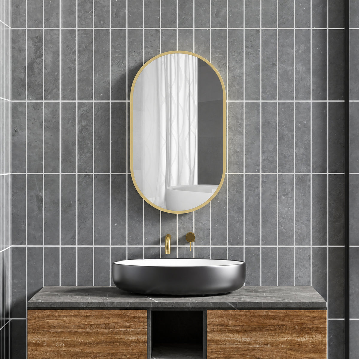 Miroir ovale mural cadre en aluminium style minimaliste montage vertical ou horizontal avec 3 crochets 40 x 70 cm doré-1
