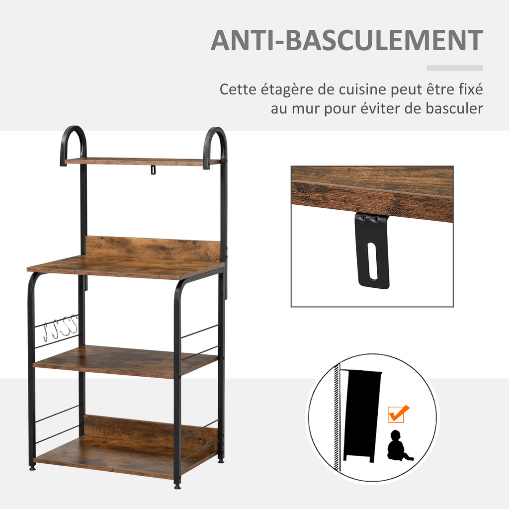 Étagère de cuisine, étagère micro-onde 3 étagères plateau crochets châssis acier 60 x 40 x 125 cm effet bois d'acajou-6