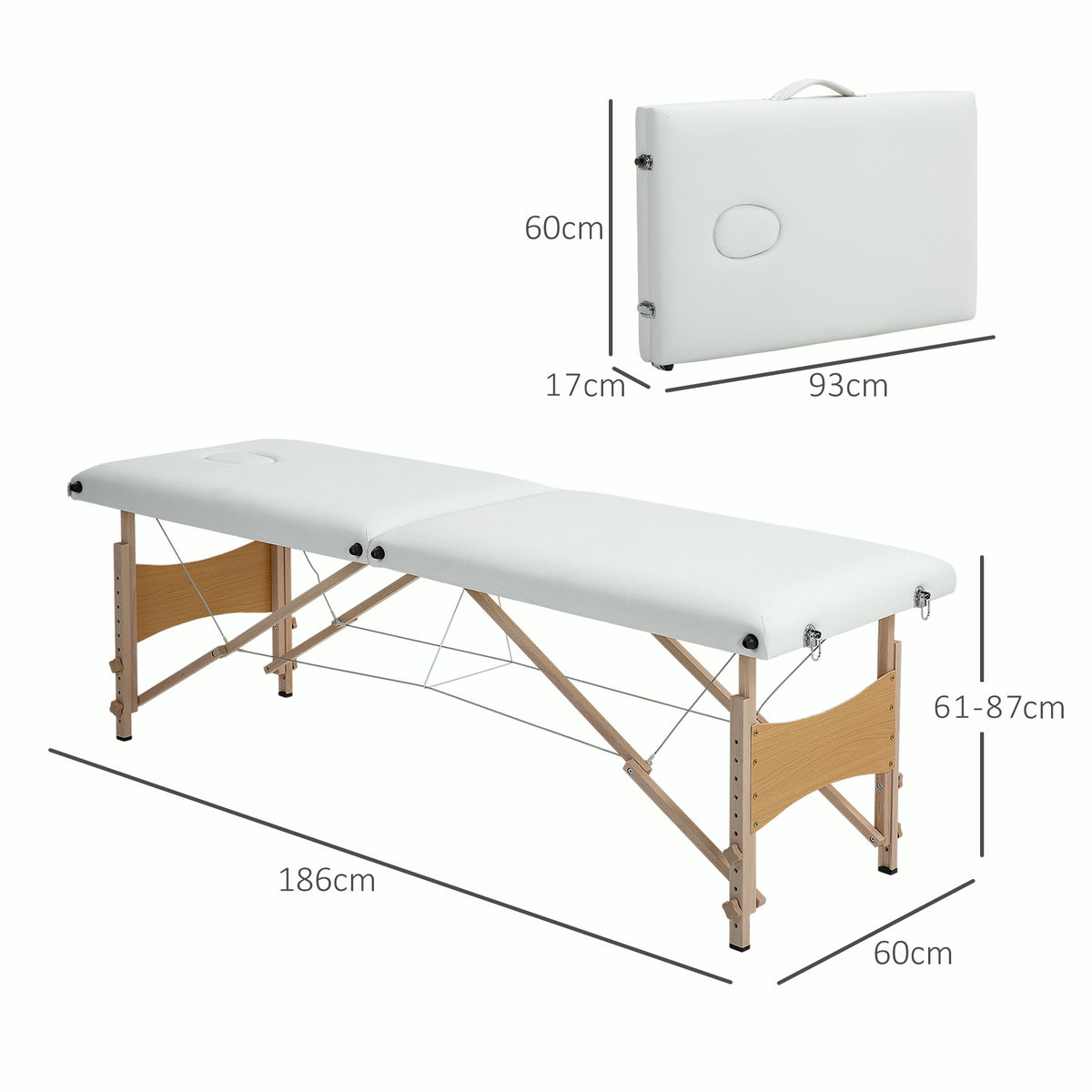 Table de massage pliante, lit de massage 2 zones, hauteur réglable, oreiller facial amovible, 186 x 60 x 61-87 cm, crème-2
