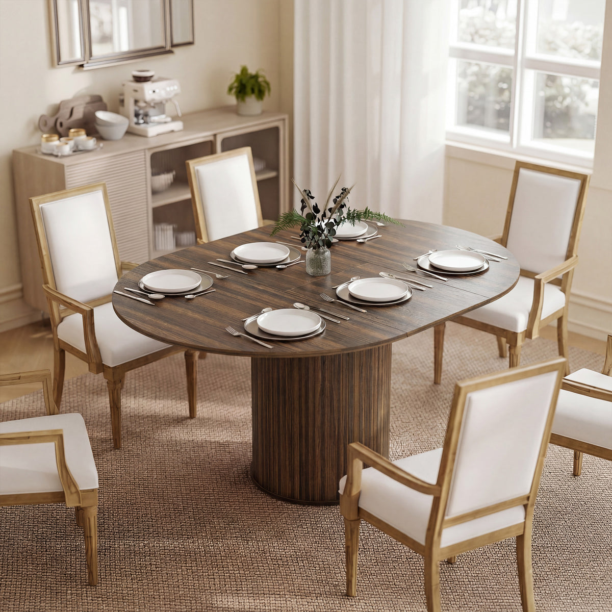 Table à Manger Extensible pour 6 à 8 Personnes, 110-150 cm, Table de Cuisine Ovale avec Piètement Central Rond, Noyer-1