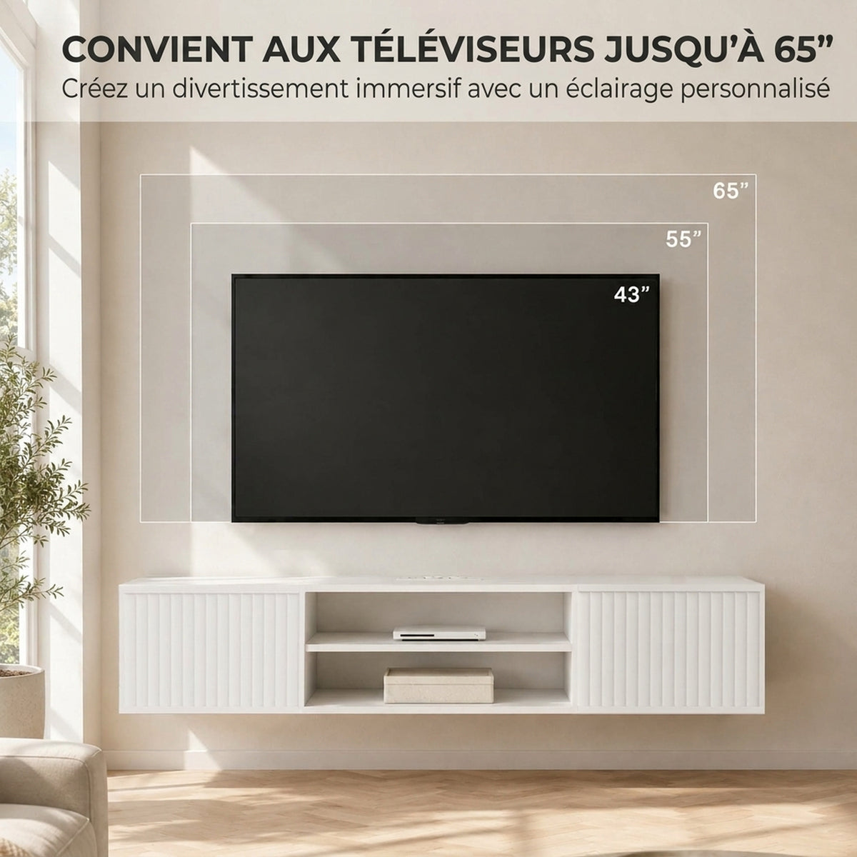 Meuble TV Suspendu Flottant 140cm avec Éclairage LED et Prises, 2 Portes Cannelées et Étagère Réglable, Blanc-4