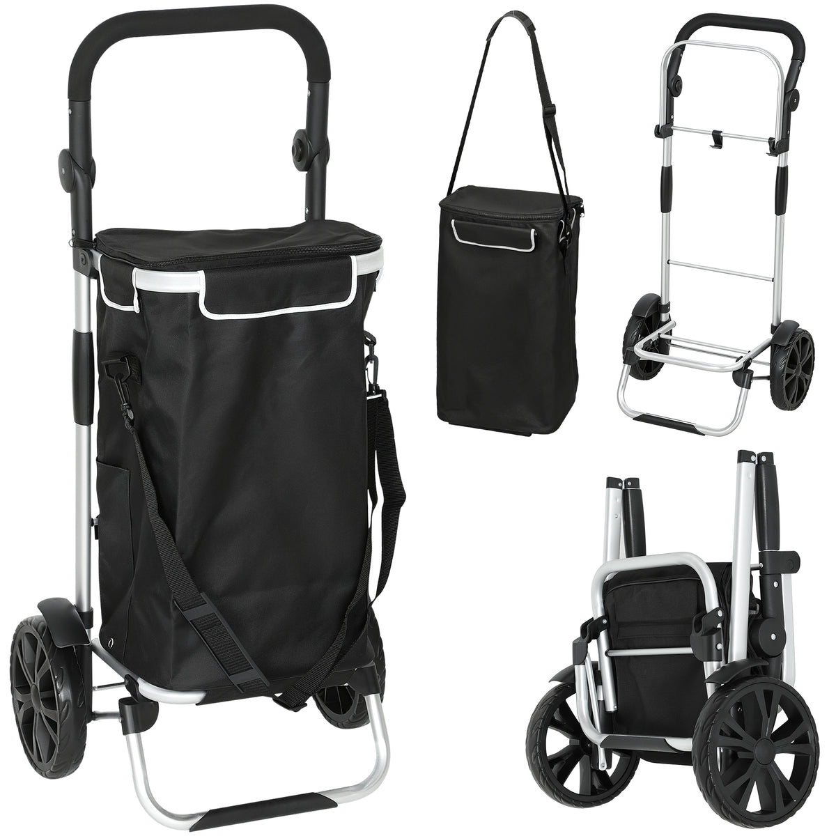 Chariot de courses pliable 40 L caddie de courses portable à roulettes avec poignée télescopique, 45,5x35,5x97cm, noir-0
