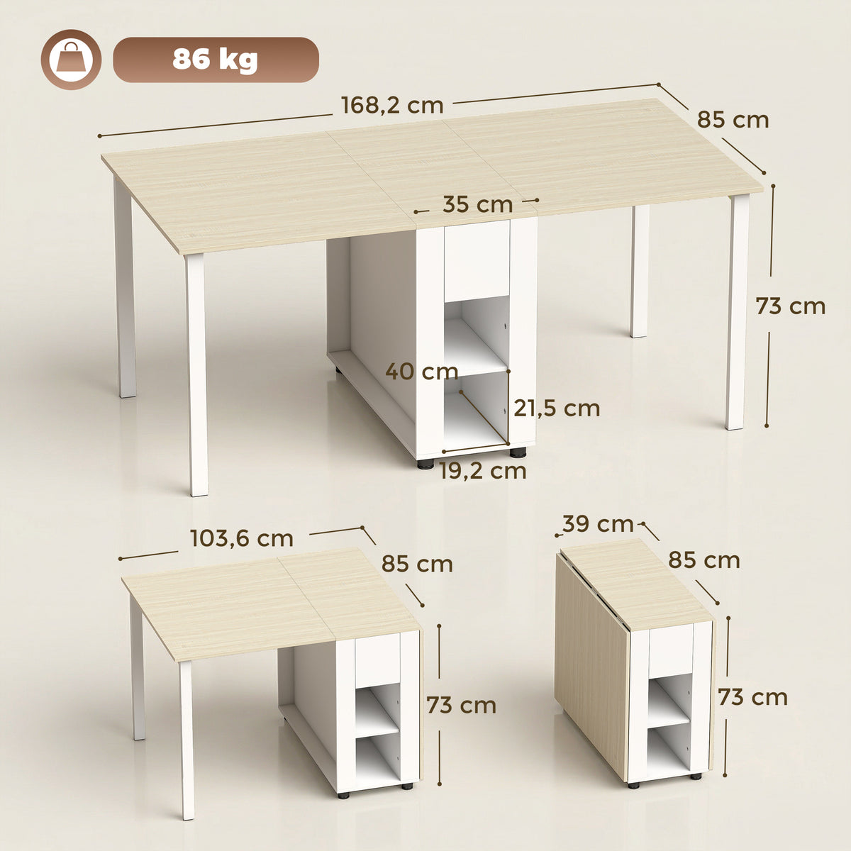 Table à manger pliante pour 6 personnes 39-168 cm, table de cuisine avec 2 tiroirs et 4 étagères ouvertes, blanc-2