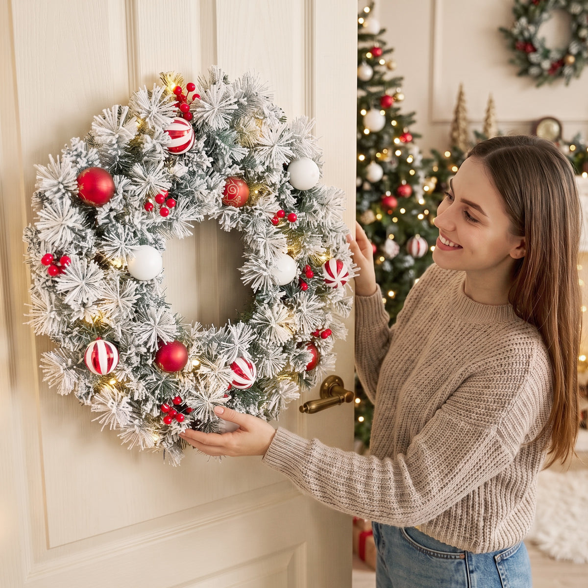 Couronne de Noël Lumineuse 60 cm Enneigée Floquée avec 50 LED, 15 Boules Décoratives, 140 Branches, 8 Modes, Vert-8