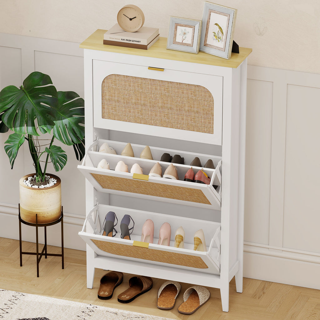 Meuble à chaussures 21 paires bohème avec 3 tiroirs rabattables, portes effet cannage rotin, 80 x 24 x 131 cm, blanc-7