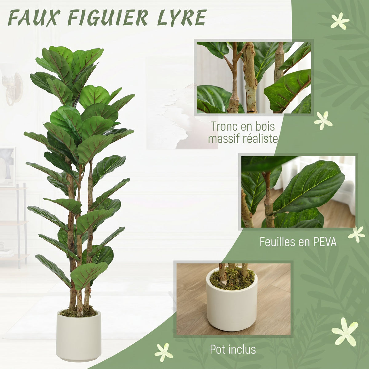 Lot de 2 plantes artificielles 120 cm Figuier lyre arbre artificiel avec pot en plastique et tronc en bois massif, vert-3