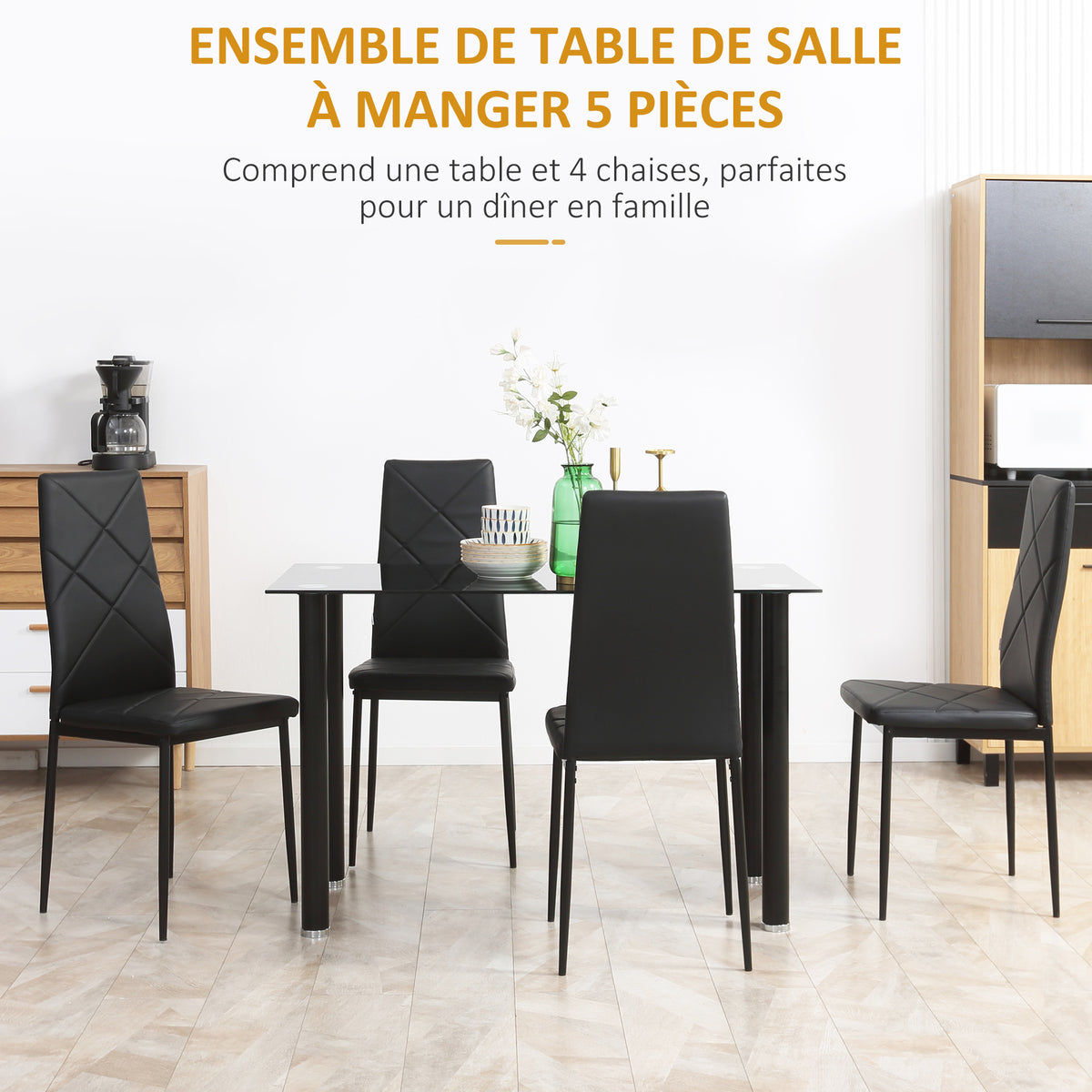 Ensemble de table à manger avec 4 chaises plateau en verre trempé, pieds en acier, pour cuisine salon noir-3