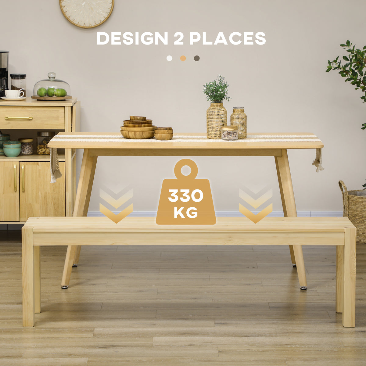 Banc de cuisine en bois massif 3 places, banc de salle à manger, charge 330 Kg, 150 x 33 x 45 cm, bois naturel-3