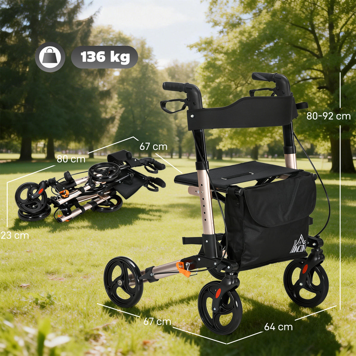 Déambulateur 4 Roues Pliable en Aluminium, Hauteur Réglable 6 Positions, Freins Doubles, Rangement, 64x67x92cm, Doré-2