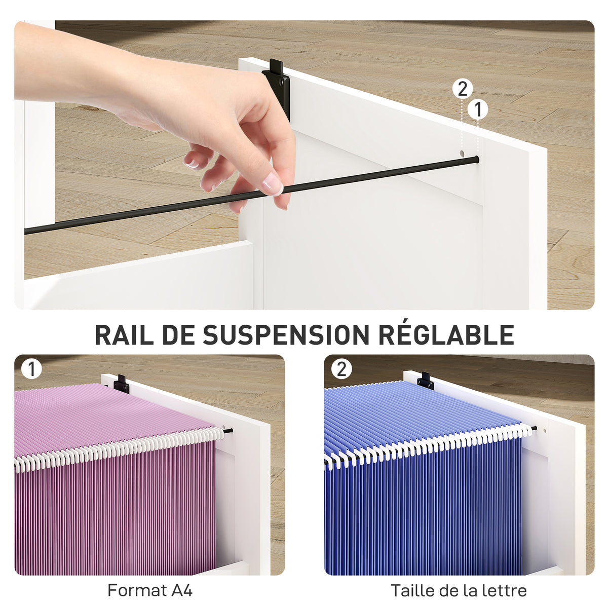 Caisson bureau, meuble rangement bois 4 tiroirs et serrure, barres de suspension réglables, 40 x 40 x 131 cm, blanc-4