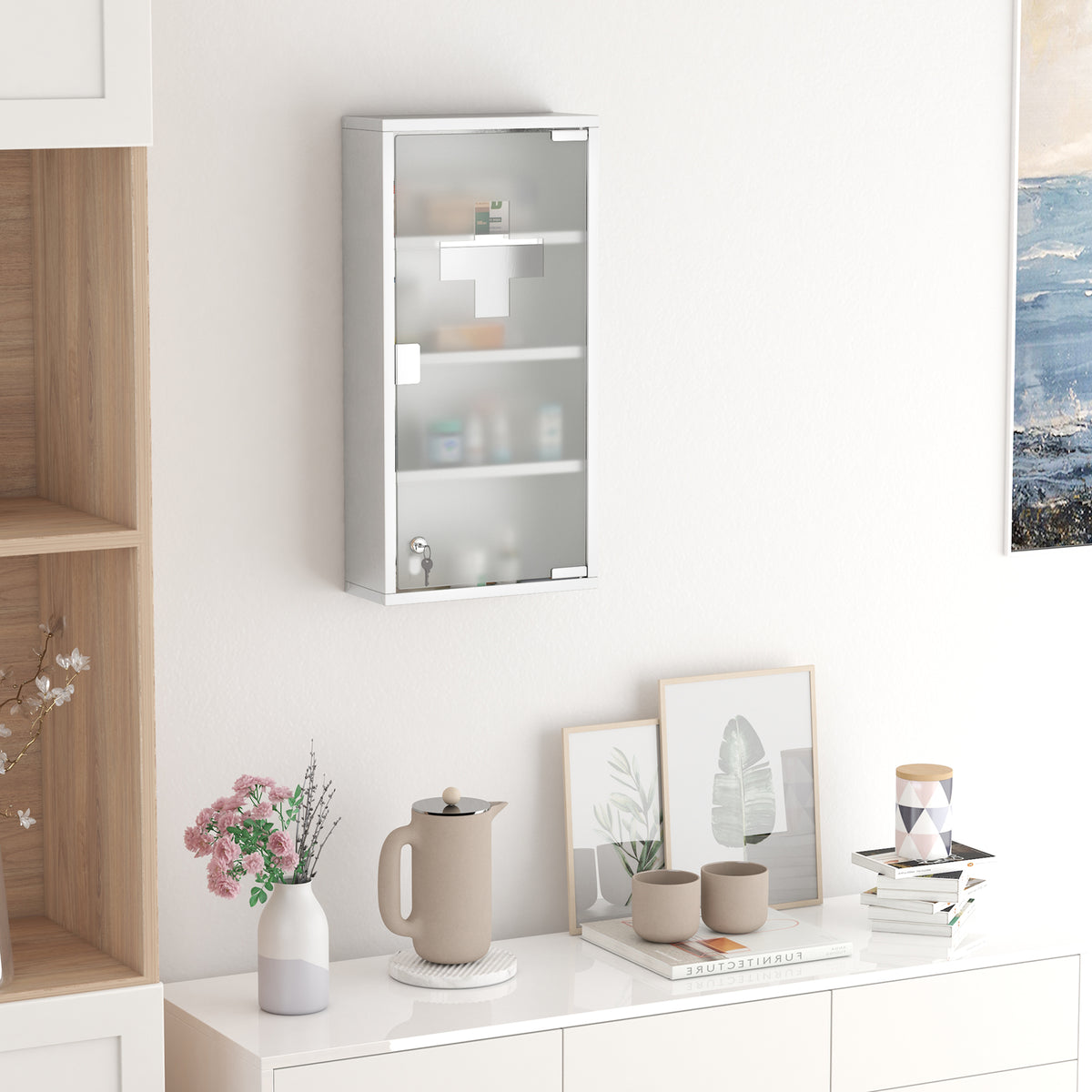 Armoire à Pharmacie 3 étagères 4 Niveaux 30L x 12l x 60H cm Porte Verre trempé Symbole Croix Acier Inoxydable brossé-8