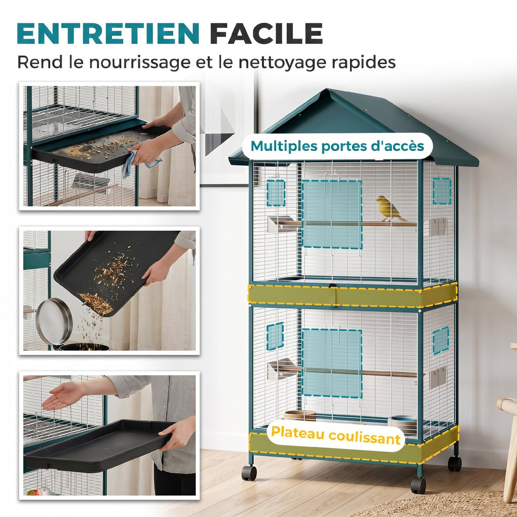 Cage à oiseaux sur roulettes avec séparateur amovible, 4 mangeoires et 2 perchoirs, 2 plateaux coulissants, 94x70x158cm-6