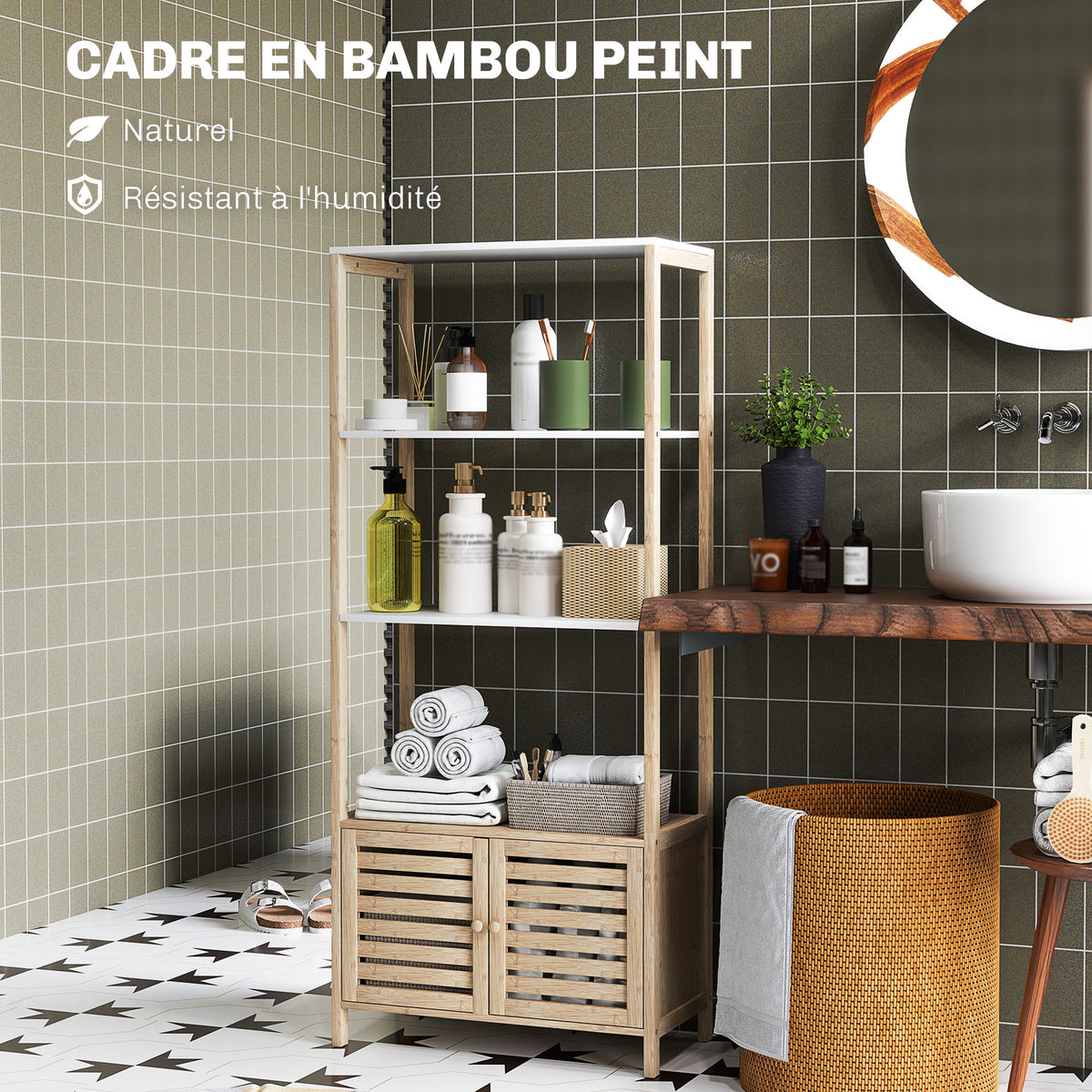 Colonne de salle de bain armoire de rangement en bambou 3 étagères 1 placard 63 x 30 x 138 cm bois naturel et blanc-4