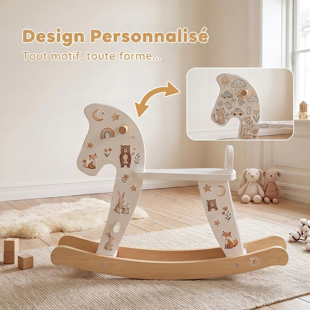 Cheval à Bascule en Bois - Jeu à Bascule Avec Poignées, Repose-Pied et Butées - MDF Contreplaqué Blanc et Bois Naturel-3