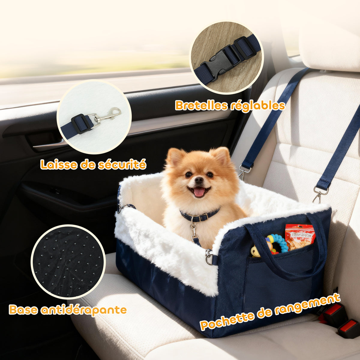 Siège auto pour chien avec ceinture de sécurité et fixation, siège de voiture pour chiens 55 x 46 x 32 cm bleu marine-3
