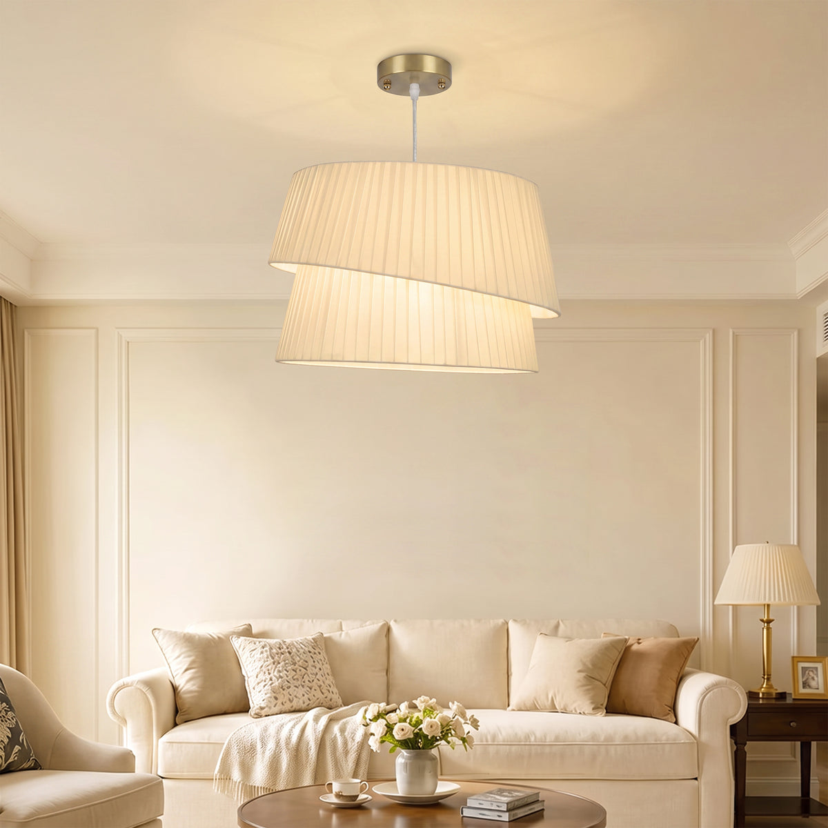 Suspension Luminaire Élégante à Double Abat-Jour, Rosace Dorée, Câble Réglable, Ampoule Non Incluse E14 40 W, Blanc-8