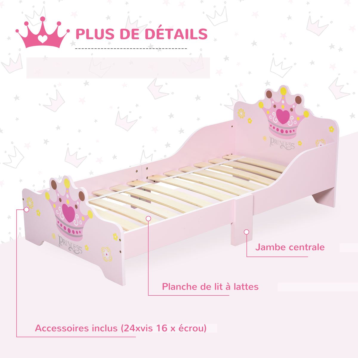 Lit Enfant 140 x 70 cm - lit d'enfant Design Princesse Motif Couronne - sommier à Lattes Inclus - MDF Contre-plaqué Rose-3