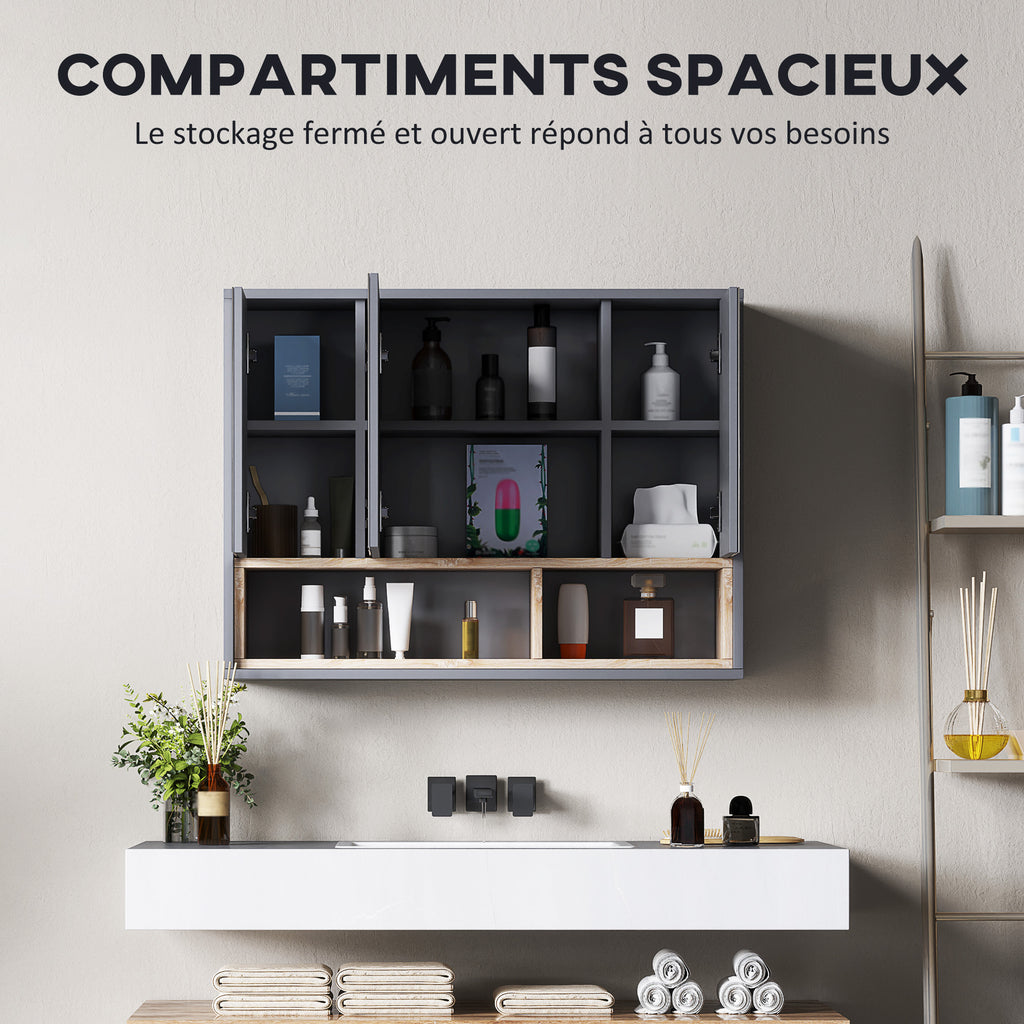 Meuble salle de bain avec miroir, armoire toilettes murale avec placards à 3 portes et 8 compartiments, gris-3
