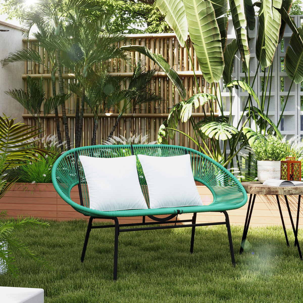 Banquette banc de jardin 2 places en acier et cordage en résine avec 2 coussins - dim. 132L x 72l x 83H cm - vert foncé-1