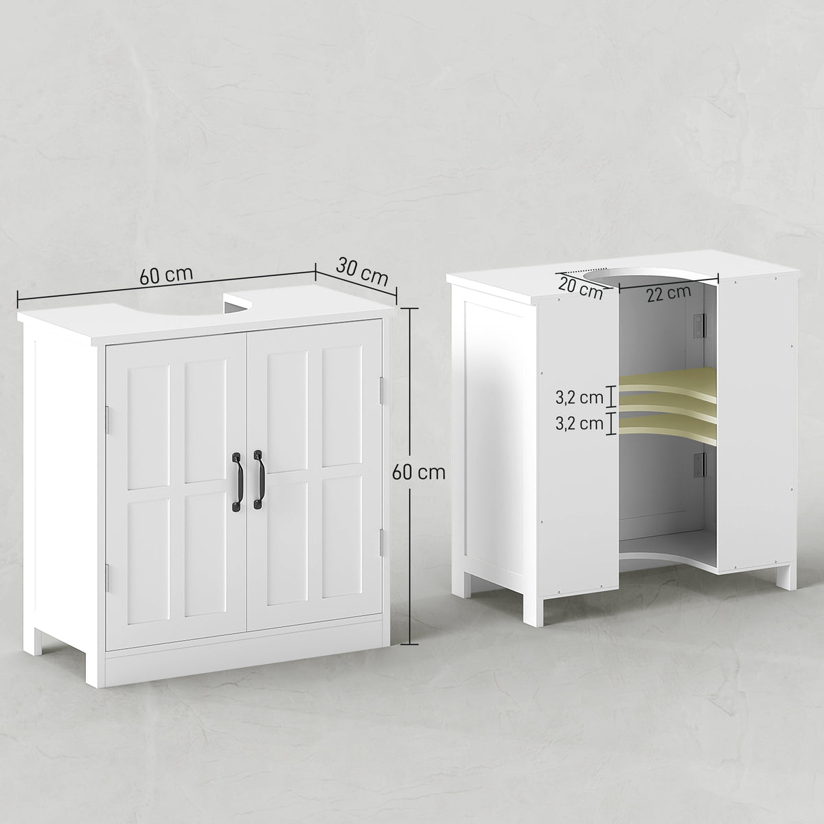 Meuble sous lavabo salle de bain meuble sous vasque avec double porte et étagère réglable, 60x30x60cm, blanc-2