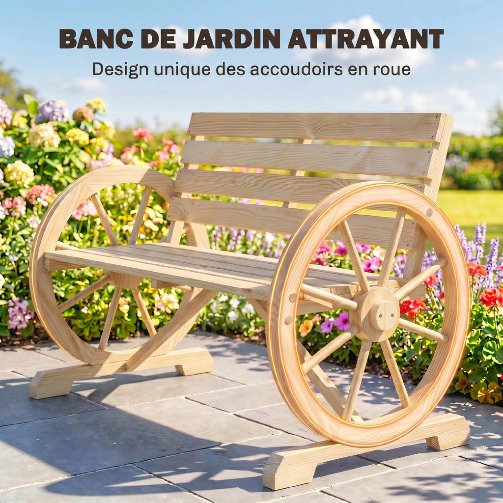 Banc de Jardin banc 3 places en bois Style Rustique Chic accoudoirs Roues Charette Bois Sapin effet bois naturel-5