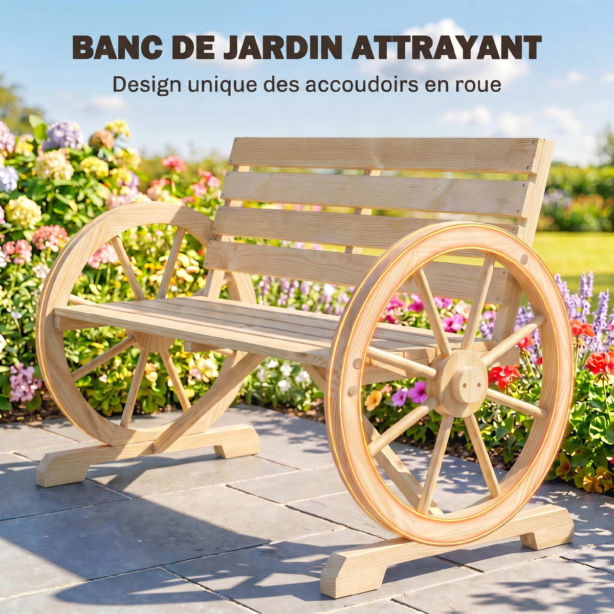 Banc de Jardin banc 3 places en bois Style Rustique Chic accoudoirs Roues Charette Bois Sapin effet bois naturel-5