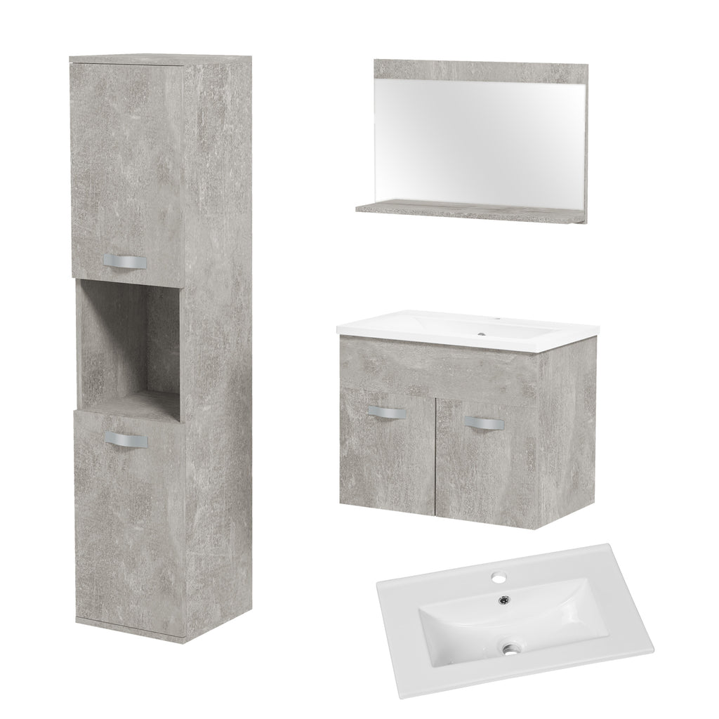 Ensemble de Meubles de Salle de Bain 4 Pièces, Mural, avec Miroir, Meuble sous Vasque, Lavabo et Armoire Haute, gris-0