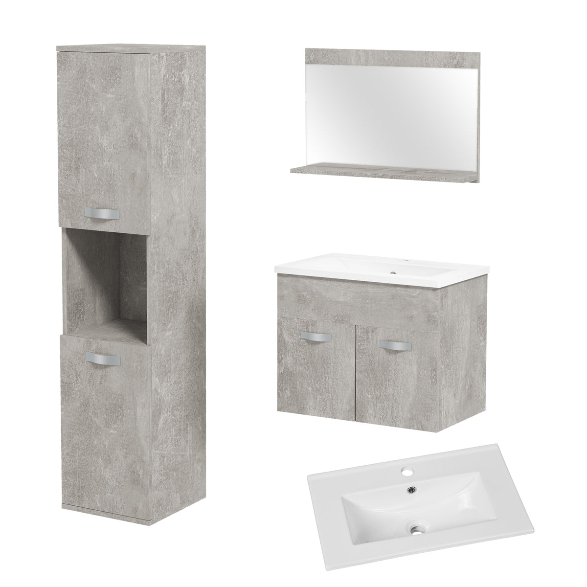 Ensemble de Meubles de Salle de Bain 4 Pièces, Mural, avec Miroir, Meuble sous Vasque, Lavabo et Armoire Haute, gris-0