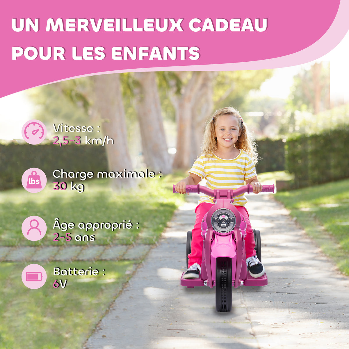 Moto électrique enfants 2-5 ans, 3 roues, 6 V, 3 km/h, avec fonction de bulles, effets lumineux et sonores, rose-6