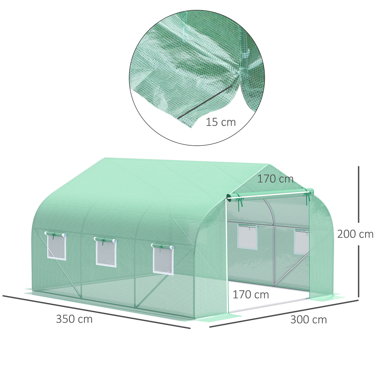 Serre Tunnel de Jardin 10,5 m² dim. 3,5L x 3l x 2H m Porte + 6 fenêtres enroulables Acier galvanisé bâche PE Haute densité Vert-2