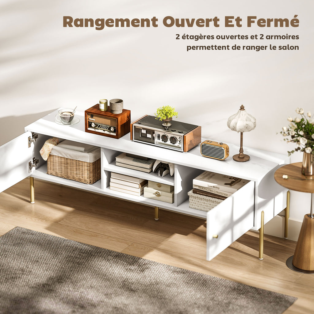 Meuble TV, meuble télé jusqu'à 65 pouces avec 2 portes, 2 compartiments ouverts, pieds en acier, 140x38x45,9cm, blanc-4